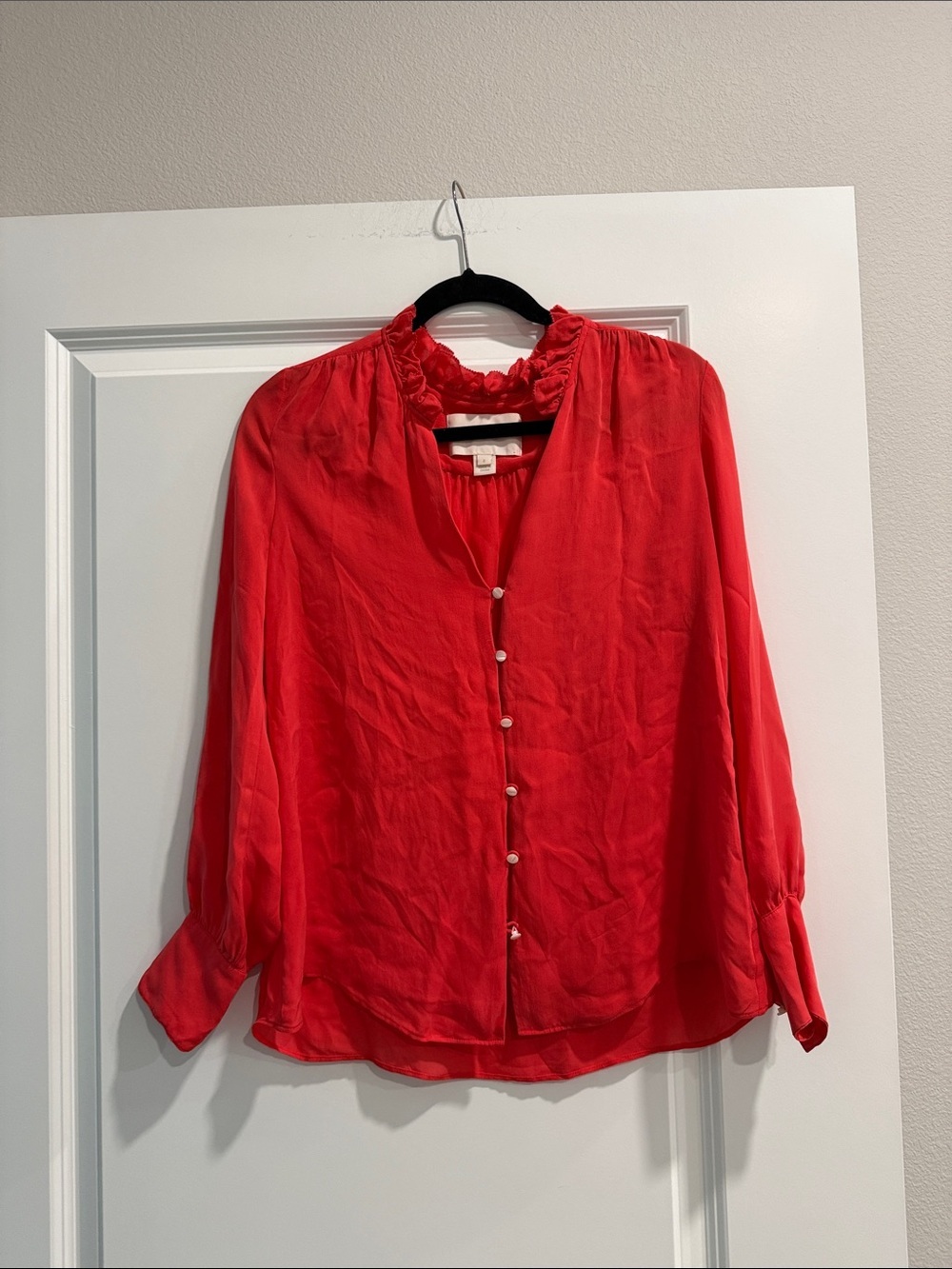J Crew collection 💯 silk Women's Red Ruffle Collar Button-Front Blouse sz 4